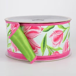 2.5" Double Sided Fused Tulips Ribbon: Pink & Green (10 Yards)