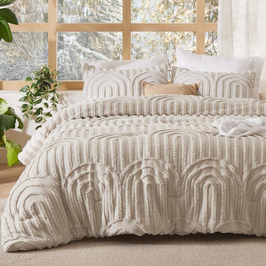 Bedsure Boho Arch Tufted Comforter Set - Beige Boho Bedding Comforter Sets, 3 Pieces Farmhouse Shabby Chic Embroidery Bed Set, Soft Fluffy Cozy Arch Pattern Comforter for All Seasons