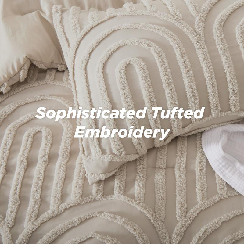Bedsure Boho Arch Tufted Comforter Set - Beige Boho Bedding Comforter Sets, 3 Pieces Farmhouse Shabby Chic Embroidery Bed Set, Soft Fluffy Cozy Arch Pattern Comforter for All Seasons