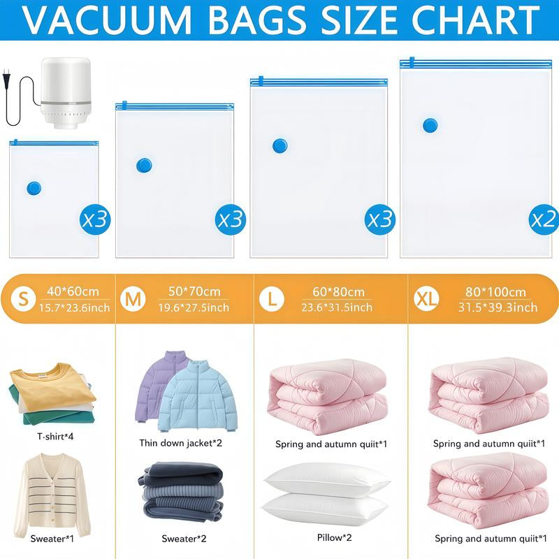Vacuum Storage Bags (12 Jumbo Pack) Space Saver Bags with 1 Electric Air Pump Vacuum Seal Bags Compression Bags for Clothes Blanket Duvets Pillows Comforters Travel Moving