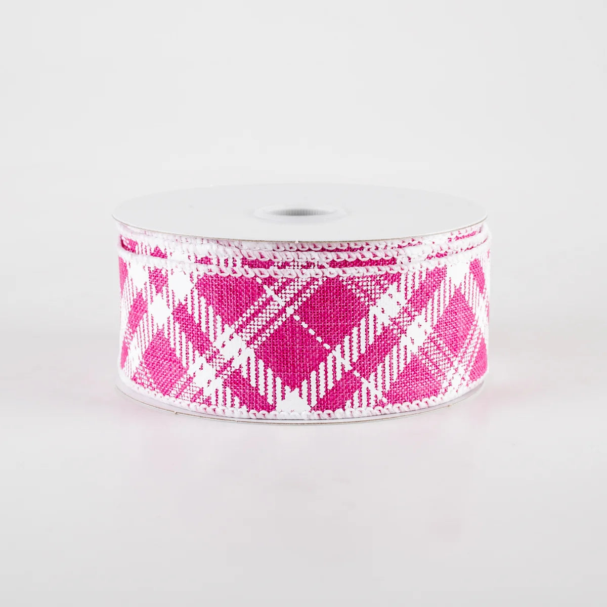 1.5" Linen Sandra Diagonal Plaid Ribbon: Hot Pink (10 Yards)
