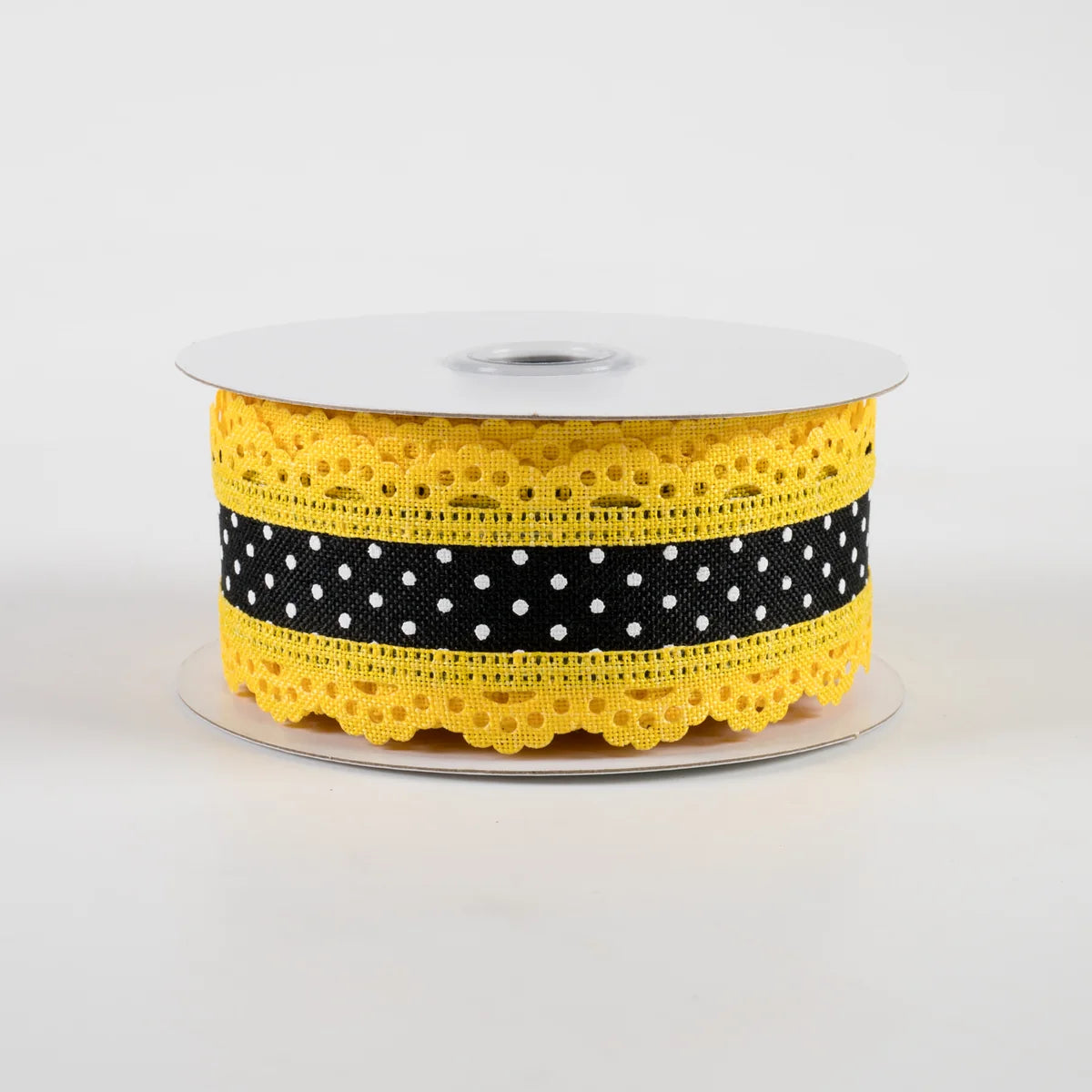 1.5" Swiss Dot Lace Edge Ribbon: Black & Yellow (10 Yards)