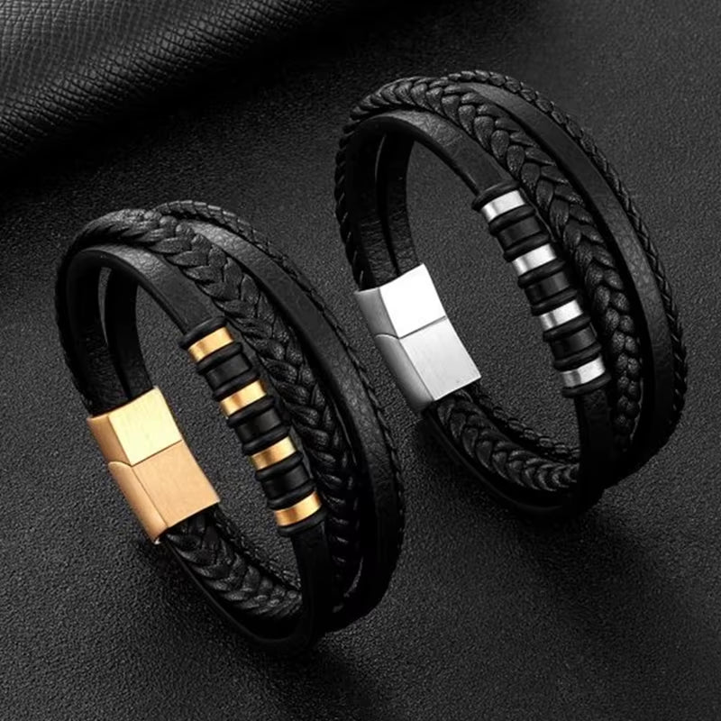 Classic Multilayer Leather Bracelet Men Hand Jewelry Gift Handsome Business Bracelet with Metal Magnetic Clasp