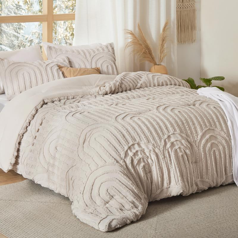Bedsure Boho Arch Tufted Comforter Set - Beige Boho Bedding Comforter Sets, 3 Pieces Farmhouse Shabby Chic Embroidery Bed Set, Soft Fluffy Cozy Arch Pattern Comforter for All Seasons
