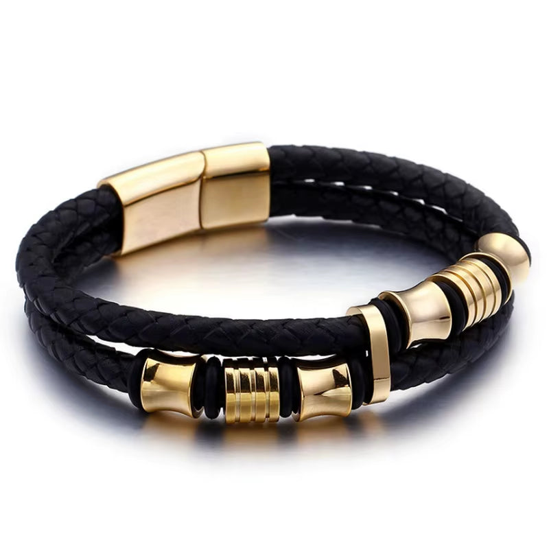Classic Multilayer Leather Bracelet Men Hand Jewelry Gift Handsome Business Bracelet with Metal Magnetic Clasp