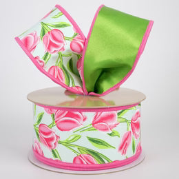 2.5" Double Sided Fused Tulips Ribbon: Pink & Green (10 Yards)