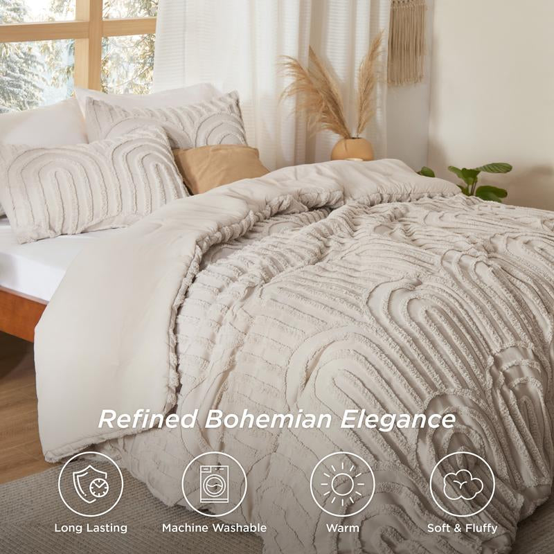 Bedsure Boho Arch Tufted Comforter Set - Beige Boho Bedding Comforter Sets, 3 Pieces Farmhouse Shabby Chic Embroidery Bed Set, Soft Fluffy Cozy Arch Pattern Comforter for All Seasons