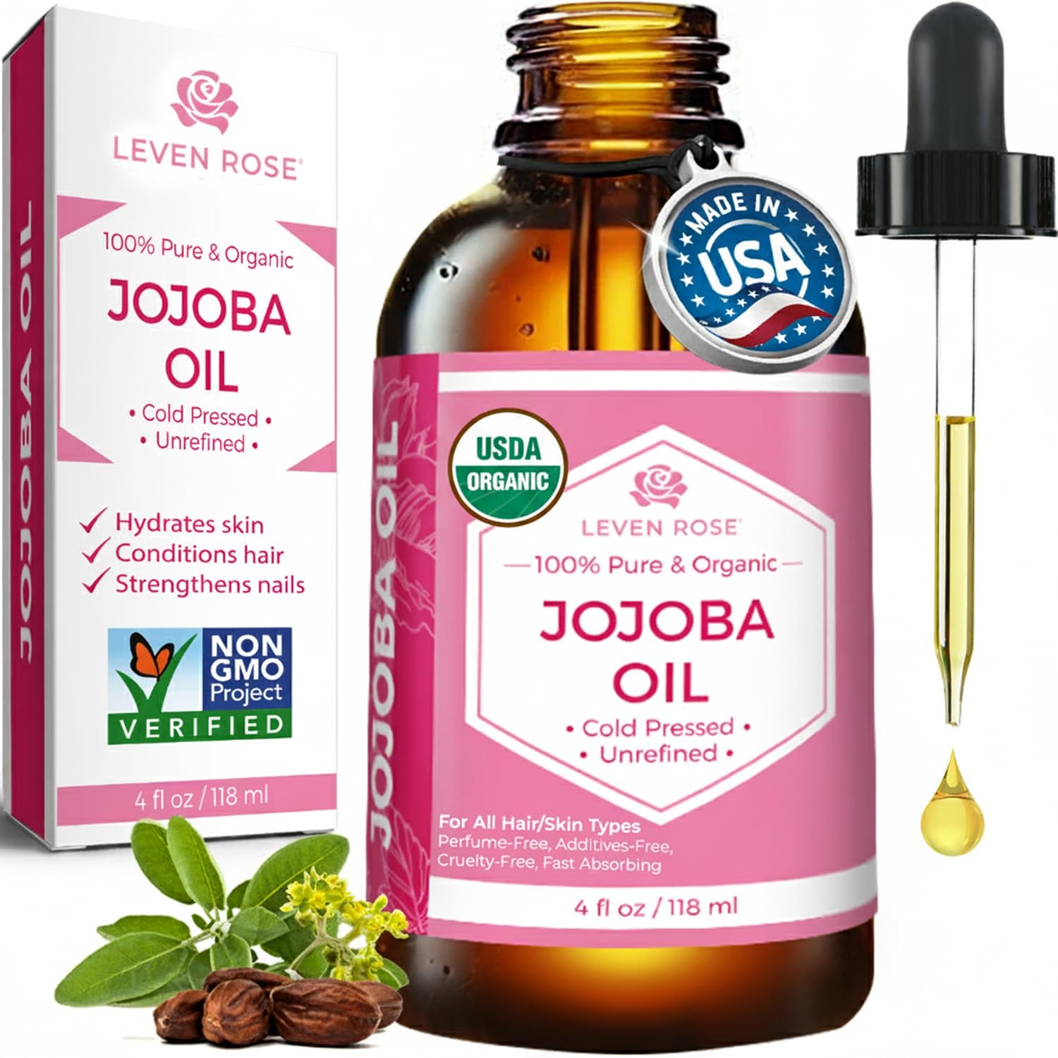 Jojoba Oil Organic, Pure Cold Pressed Natural Unrefined Moisturizer for Skin Hair and Nails 4 Oz