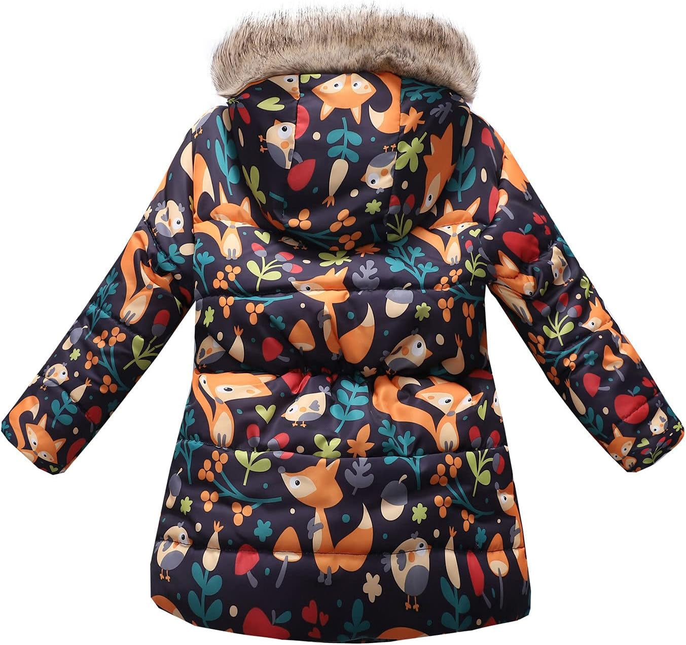 Cozy Floral Faux Fur Hooded Down Jacket for Girls - Warm & Windproof Winter Coat