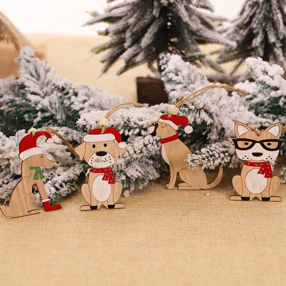 5Pcs Christmas Wooden Ornaments Cute Dog Cat Car Hanging Pendants for Christmas Tree Christmas Decoration 2024 Navidad Xmax Gift