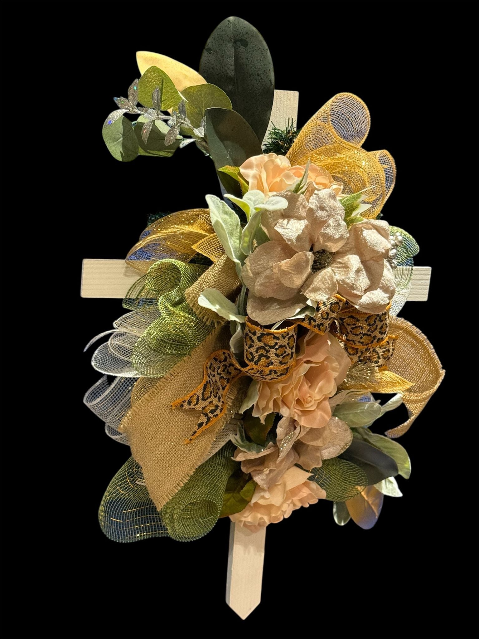 Golden Grace Cemetery Cross – Eternal Tribute Floral Arrangement”