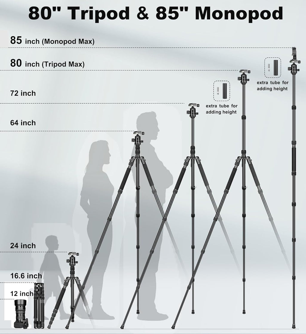 80/85 Inches Heavy Duty Tripod for Camera and Phone, 85" Camera Monopod Tripods, DSLR Binoculars Spotting Scope Camcorders Video Tripod Stand, 360 Degree Ball Head, 35 Lbs Loads