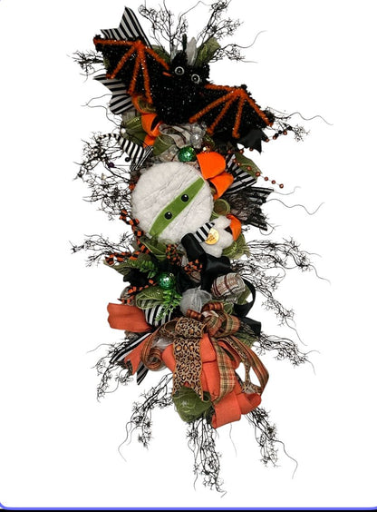 Midnight Mummy &amp; Moonlit Bat Halloween Swag”   (Playful • Whimsical • Designer Spooky Décor)