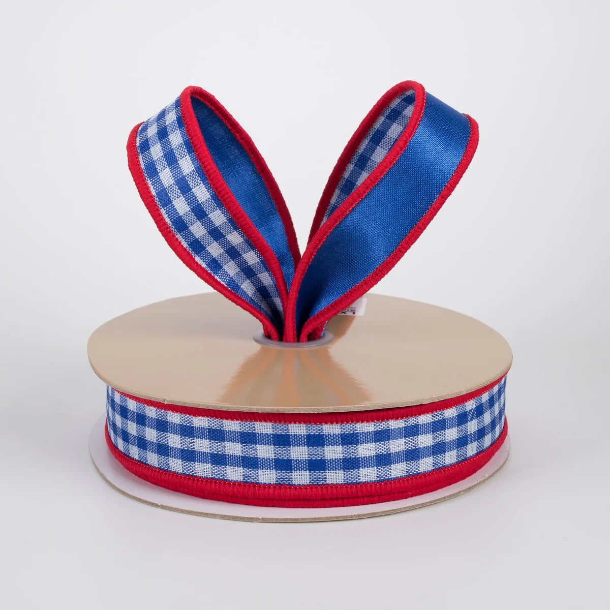 7/8" Double Sided Fused Check & Satin Ribbon: Blue, White & Red (10 Yards)