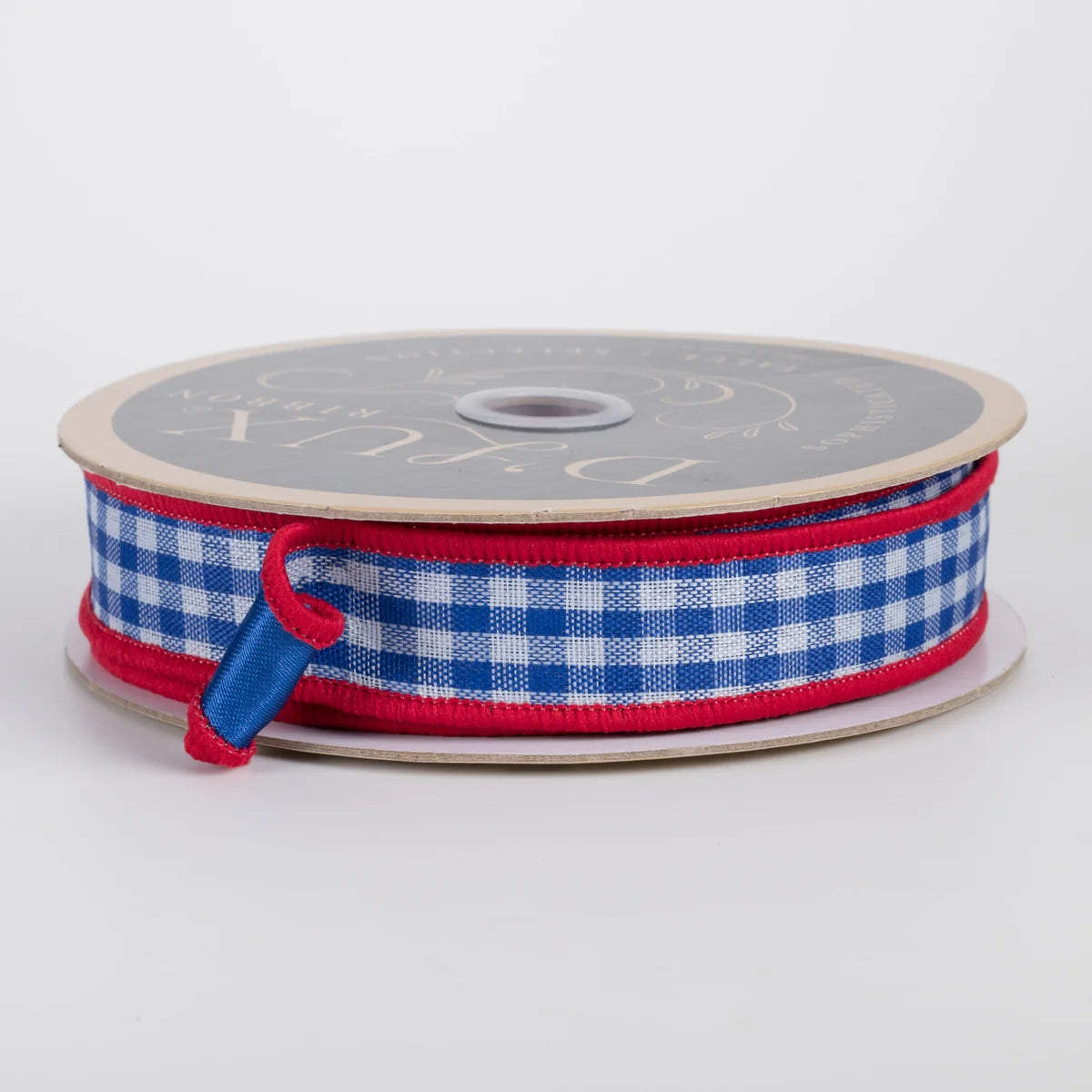 7/8" Double Sided Fused Check & Satin Ribbon: Blue, White & Red (10 Yards)