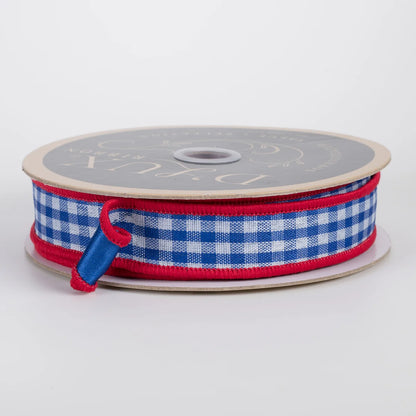 7/8" Double Sided Fused Check & Satin Ribbon: Blue, White & Red (10 Yards)