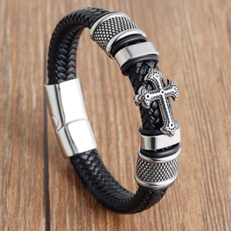 Classic Multilayer Leather Bracelet Men Hand Jewelry Gift Handsome Business Bracelet with Metal Magnetic Clasp