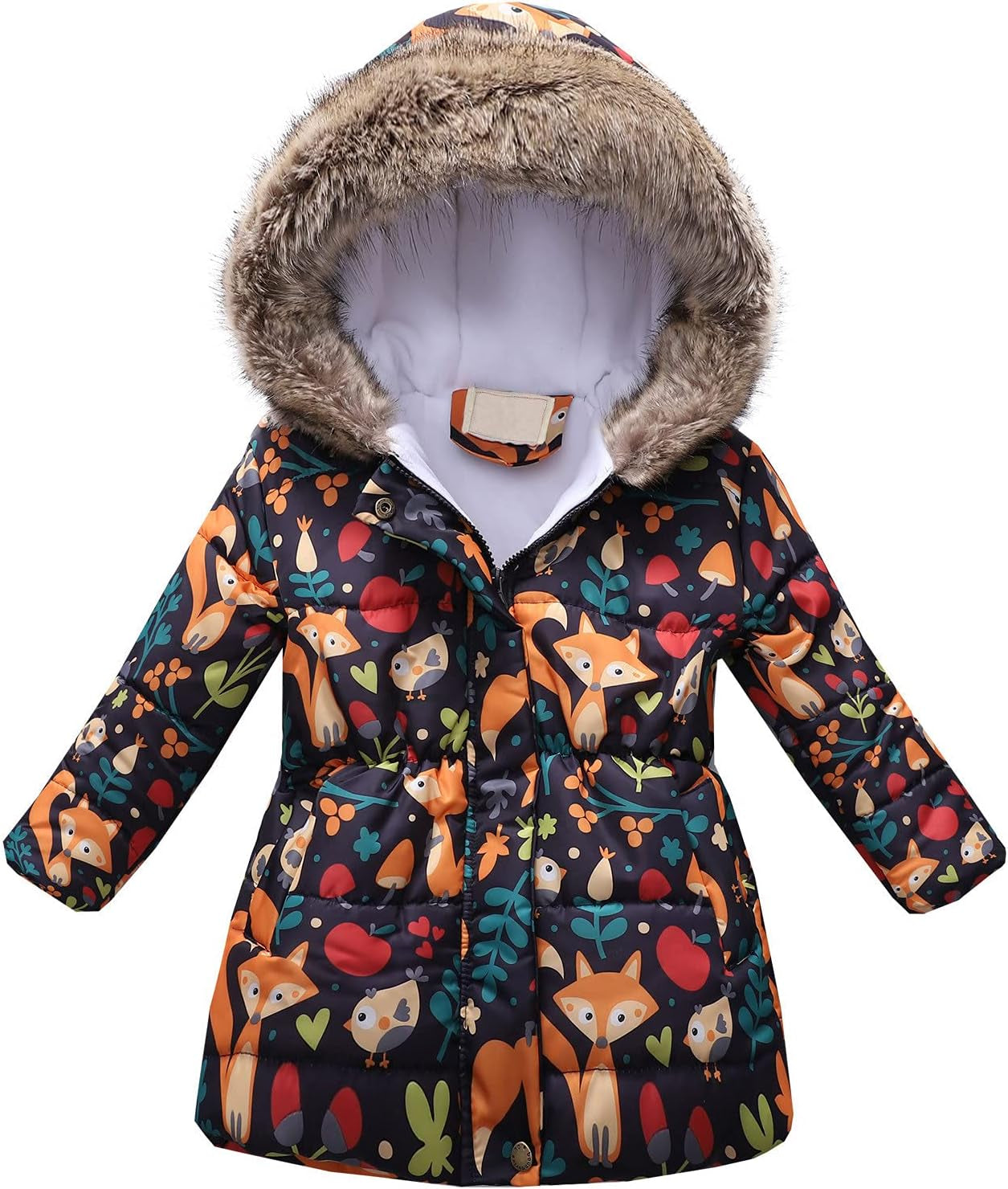 Cozy Floral Faux Fur Hooded Down Jacket for Girls - Warm & Windproof Winter Coat
