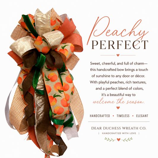 Peachy Perfect bow lifestyle graphic with Dear Duchess branding