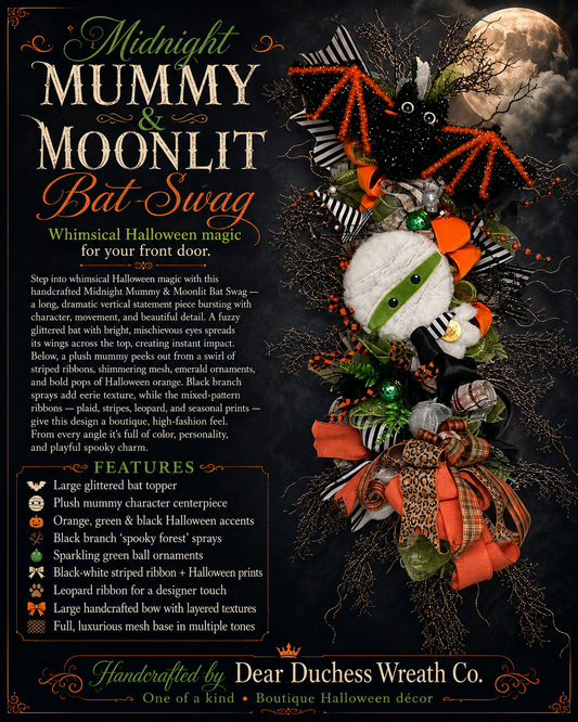 Midnight Mummy &amp; Moonlit Bat Halloween Swag”   (Playful • Whimsical • Designer Spooky Décor)