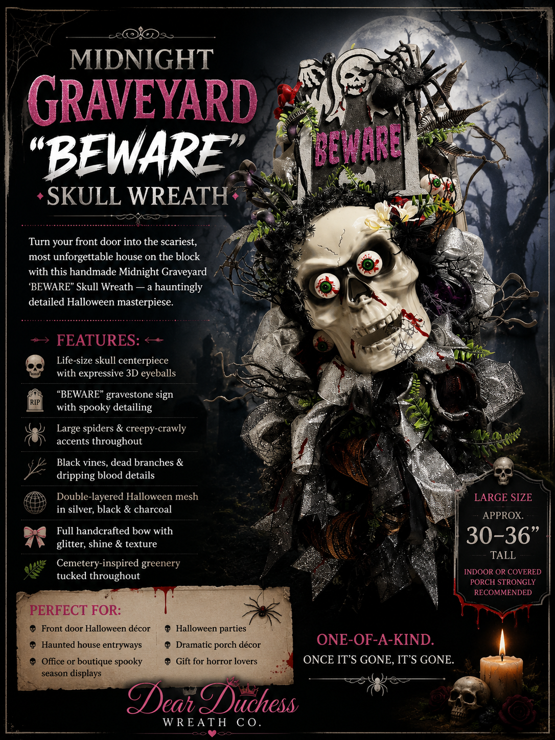 Midnight Graveyard ‘BEWARE’ Skull Wreath&nbsp | (Limited Edition,  Halloween Collection)