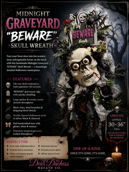 Midnight Graveyard ‘BEWARE’ Skull Wreath&nbsp | (Limited Edition,  Halloween Collection)