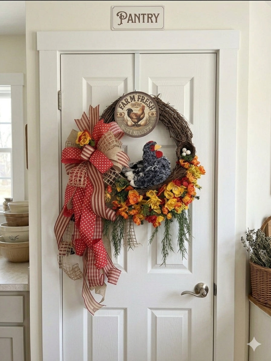 Farm Fresh Henhouse rustic chicken wreath on a white pantry door