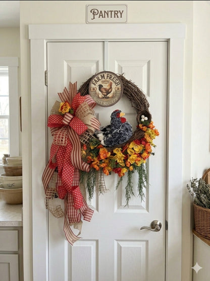 Farm Fresh Henhouse rustic chicken wreath on a white pantry door