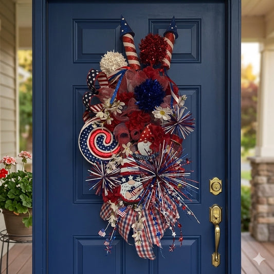 Stars and Stripes Celebration patriotic swag wreath on a navy blue door