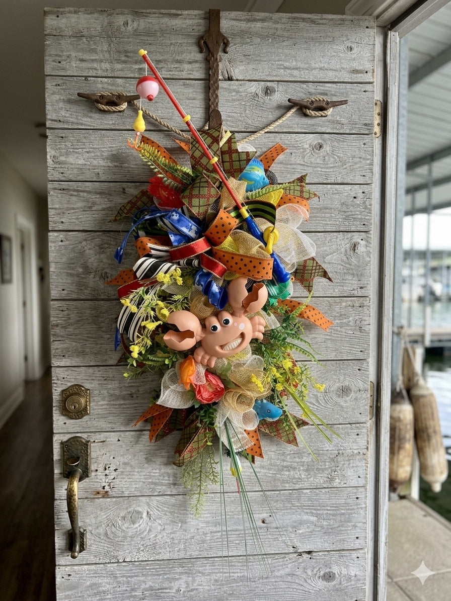 Gone Fishin coastal fishing wreath with crab and fishing pole on a rustic door
