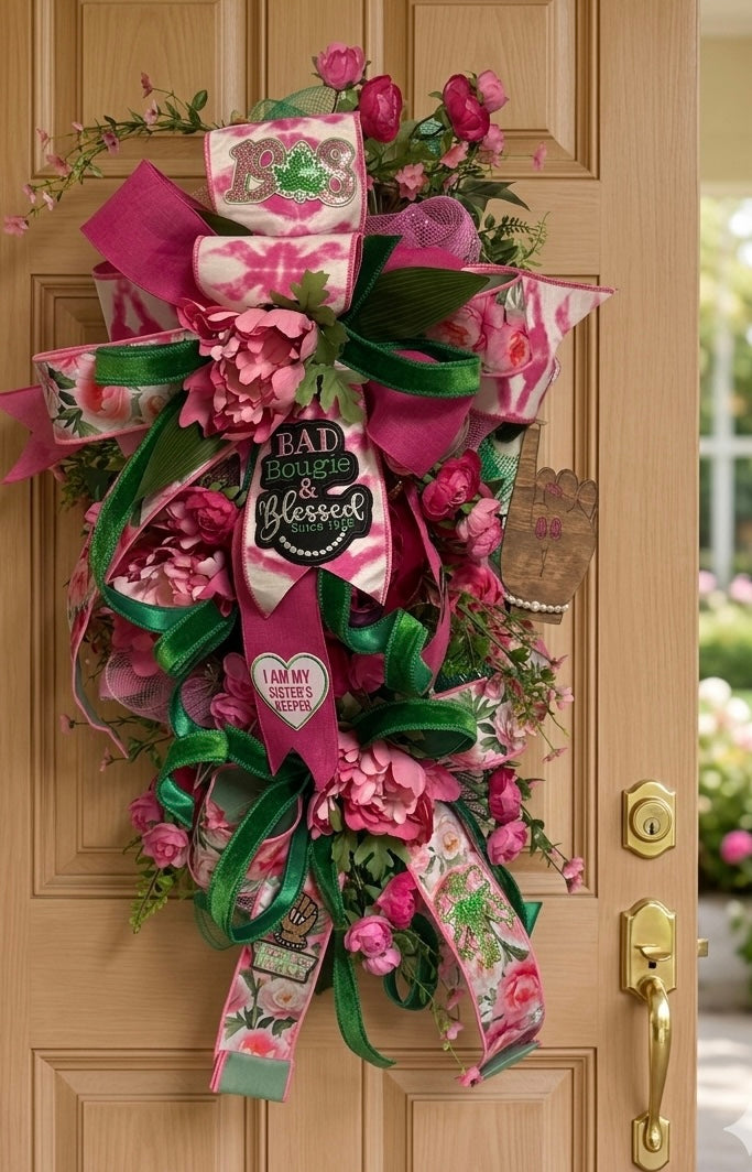 Pretty in Pink sisterhood swag wreath with pink florals and green ribbons on a door