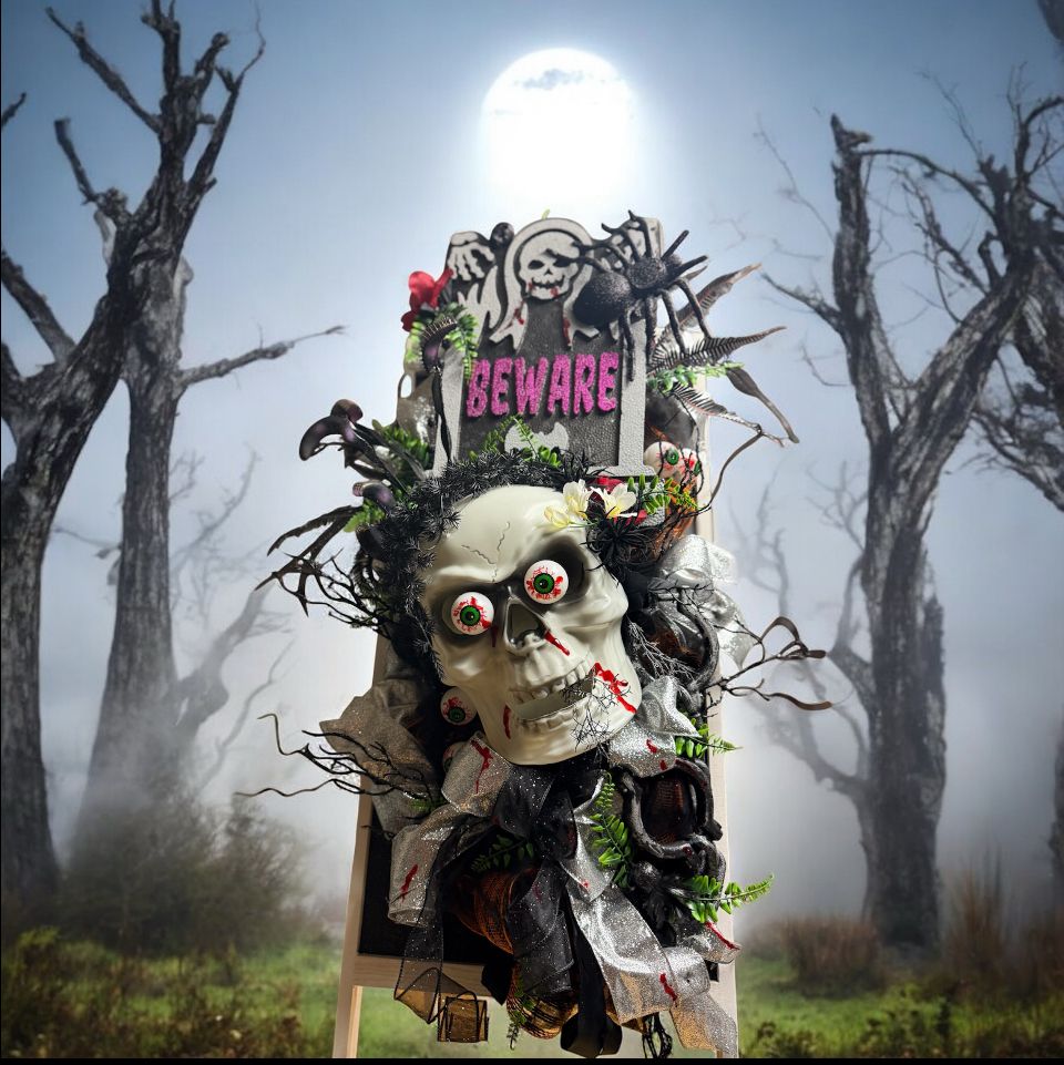 Midnight Graveyard ‘BEWARE’ Skull Wreath&nbsp | (Limited Edition,  Halloween Collection)