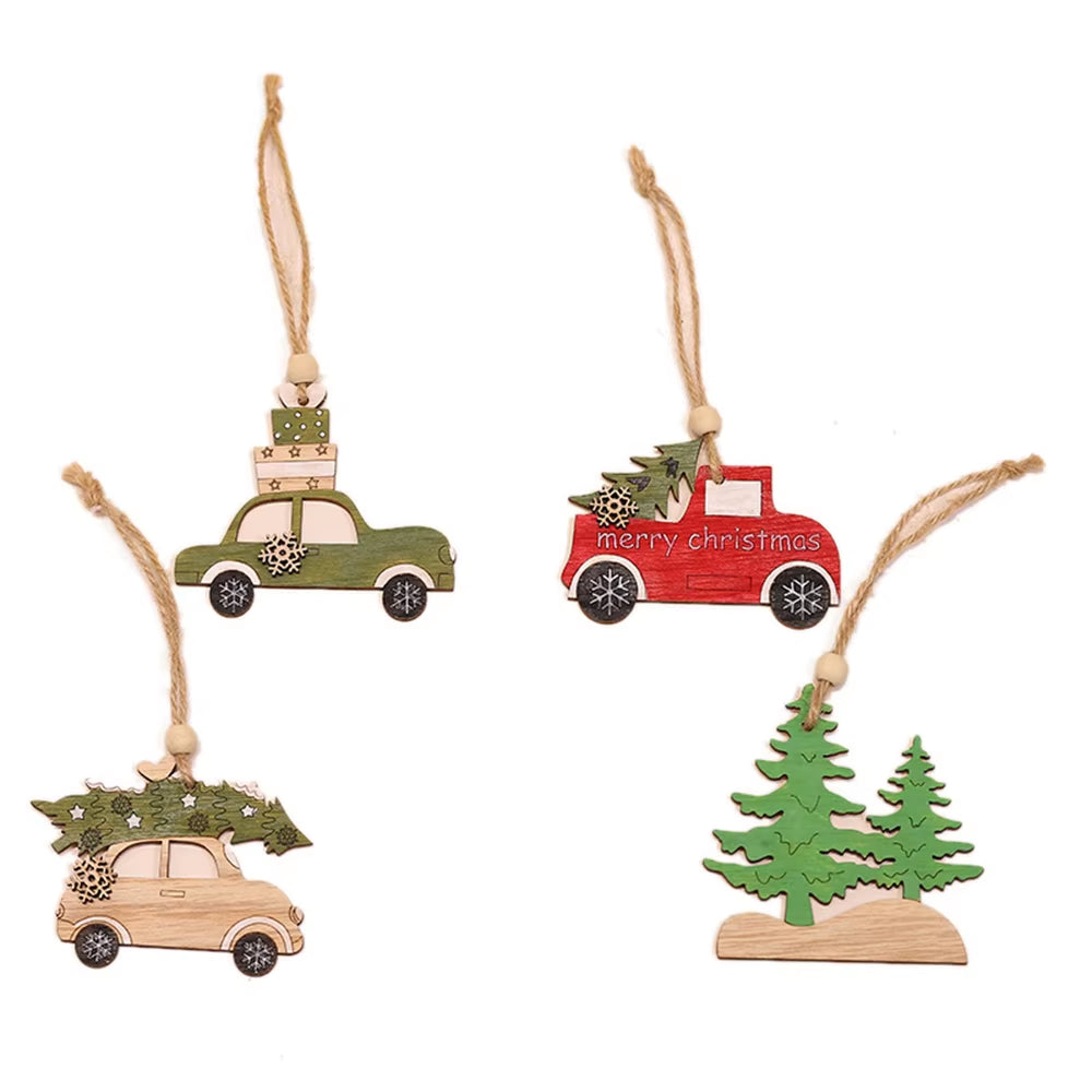 5Pcs Christmas Wooden Ornaments Cute Dog Cat Car Hanging Pendants for Christmas Tree Christmas Decoration 2024 Navidad Xmax Gift