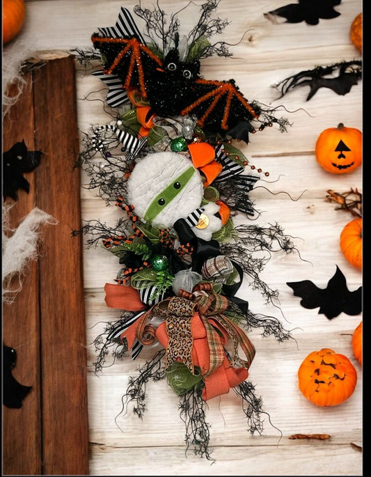 Midnight Mummy &amp; Moonlit Bat Halloween Swag”   (Playful • Whimsical • Designer Spooky Décor)