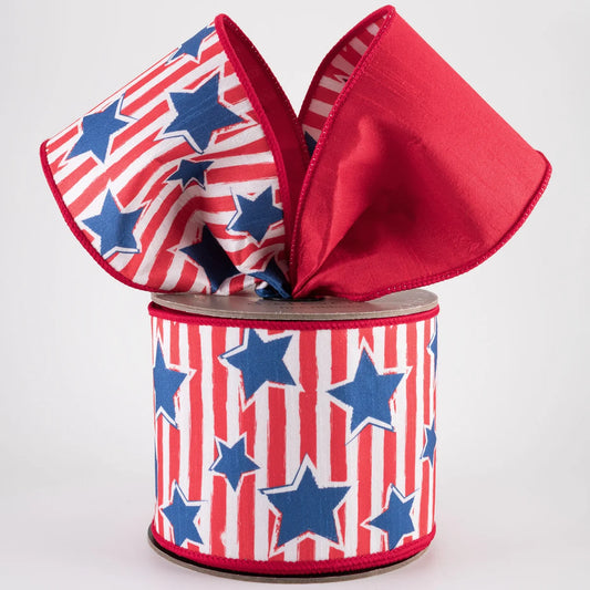 [D Stevens] 4" Dupioni Independence Day Stars & Stripes Ribbon: Red (10 Yards)