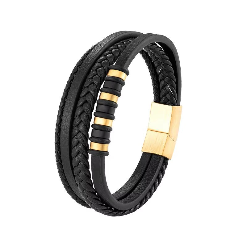 Classic Multilayer Leather Bracelet Men Hand Jewelry Gift Handsome Business Bracelet with Metal Magnetic Clasp