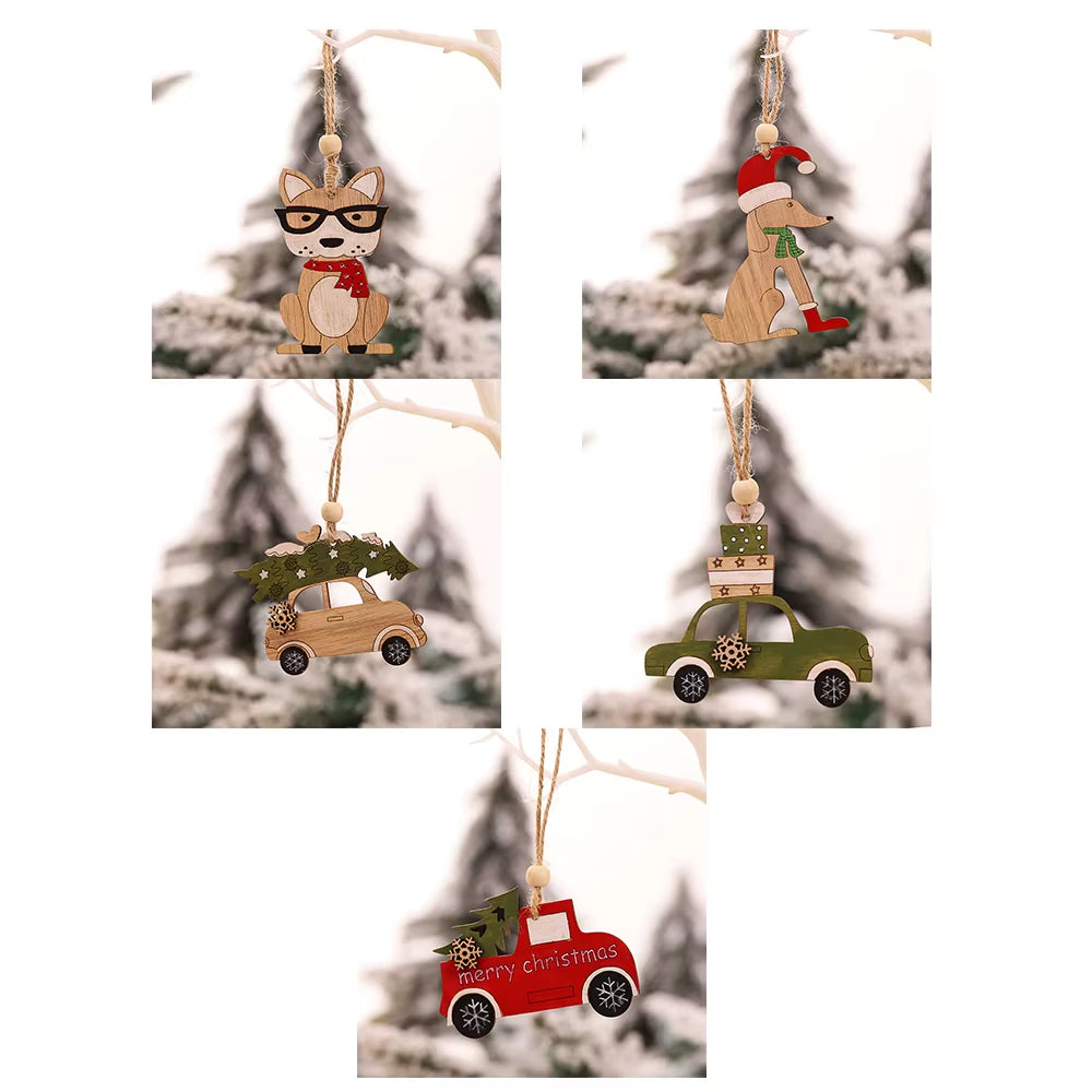 5Pcs Christmas Wooden Ornaments Cute Dog Cat Car Hanging Pendants for Christmas Tree Christmas Decoration 2024 Navidad Xmax Gift