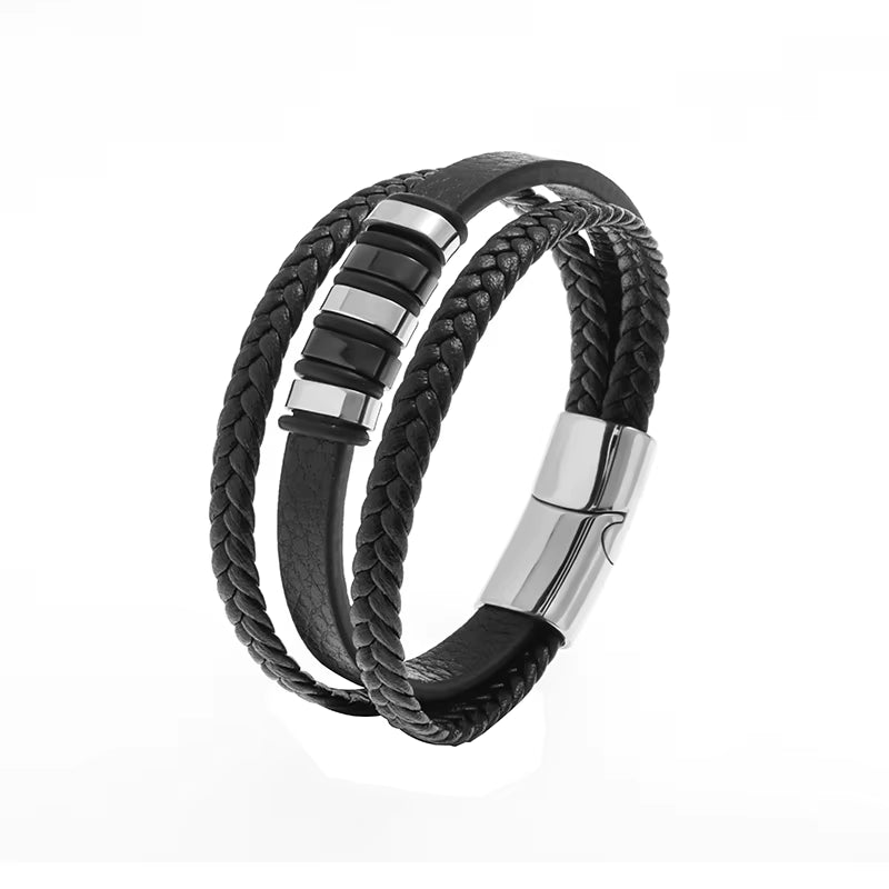Classic Multilayer Leather Bracelet Men Hand Jewelry Gift Handsome Business Bracelet with Metal Magnetic Clasp