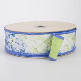 1.5" Double Sided Fused Hydrangeas Ribbon: Blue & Green (10 Yards)