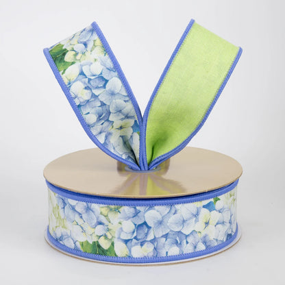 1.5" Double Sided Fused Hydrangeas Ribbon: Blue & Green (10 Yards)