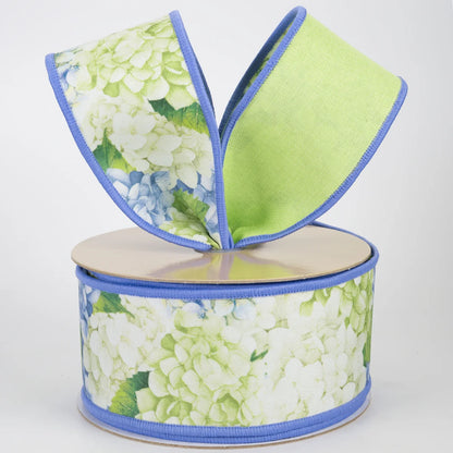 2.5" Double Sided Fused Hydrangeas Ribbon: Blue & Green (10 Yards)