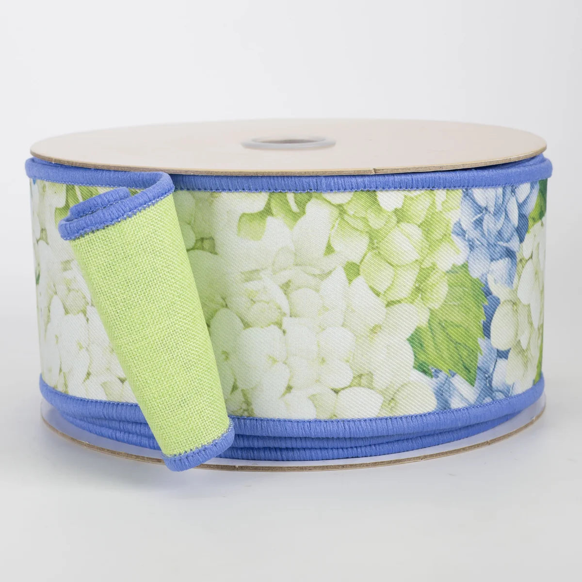 2.5" Double Sided Fused Hydrangeas Ribbon: Blue & Green (10 Yards)
