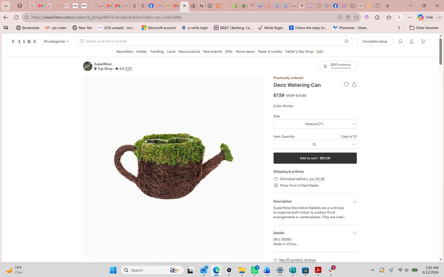 Deco Watering Can, Wicker Medium 7"
