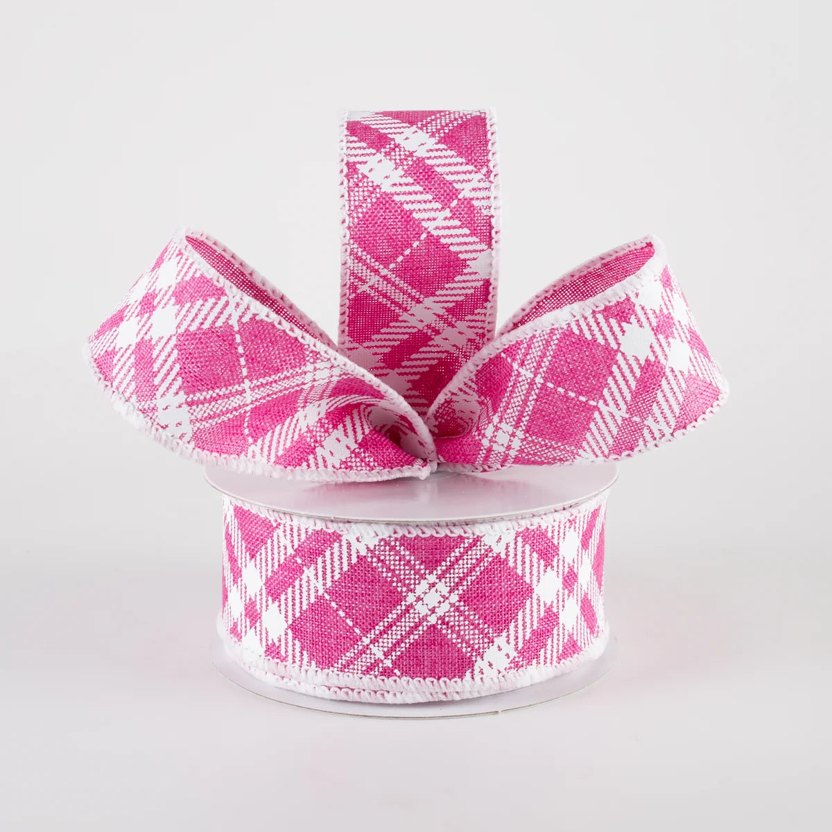 1.5" Linen Sandra Diagonal Plaid Ribbon: Hot Pink (10 Yards)