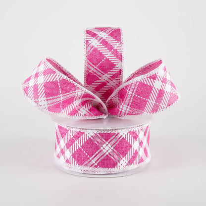 1.5" Linen Sandra Diagonal Plaid Ribbon: Hot Pink (10 Yards)