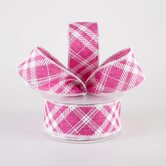 1.5" Linen Sandra Diagonal Plaid Ribbon: Hot Pink (10 Yards)