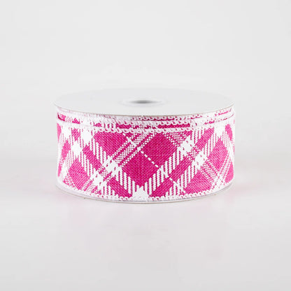1.5" Linen Sandra Diagonal Plaid Ribbon: Hot Pink (10 Yards)