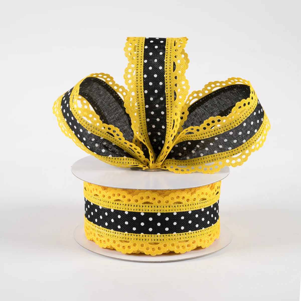 1.5" Swiss Dot Lace Edge Ribbon: Black & Yellow (10 Yards)